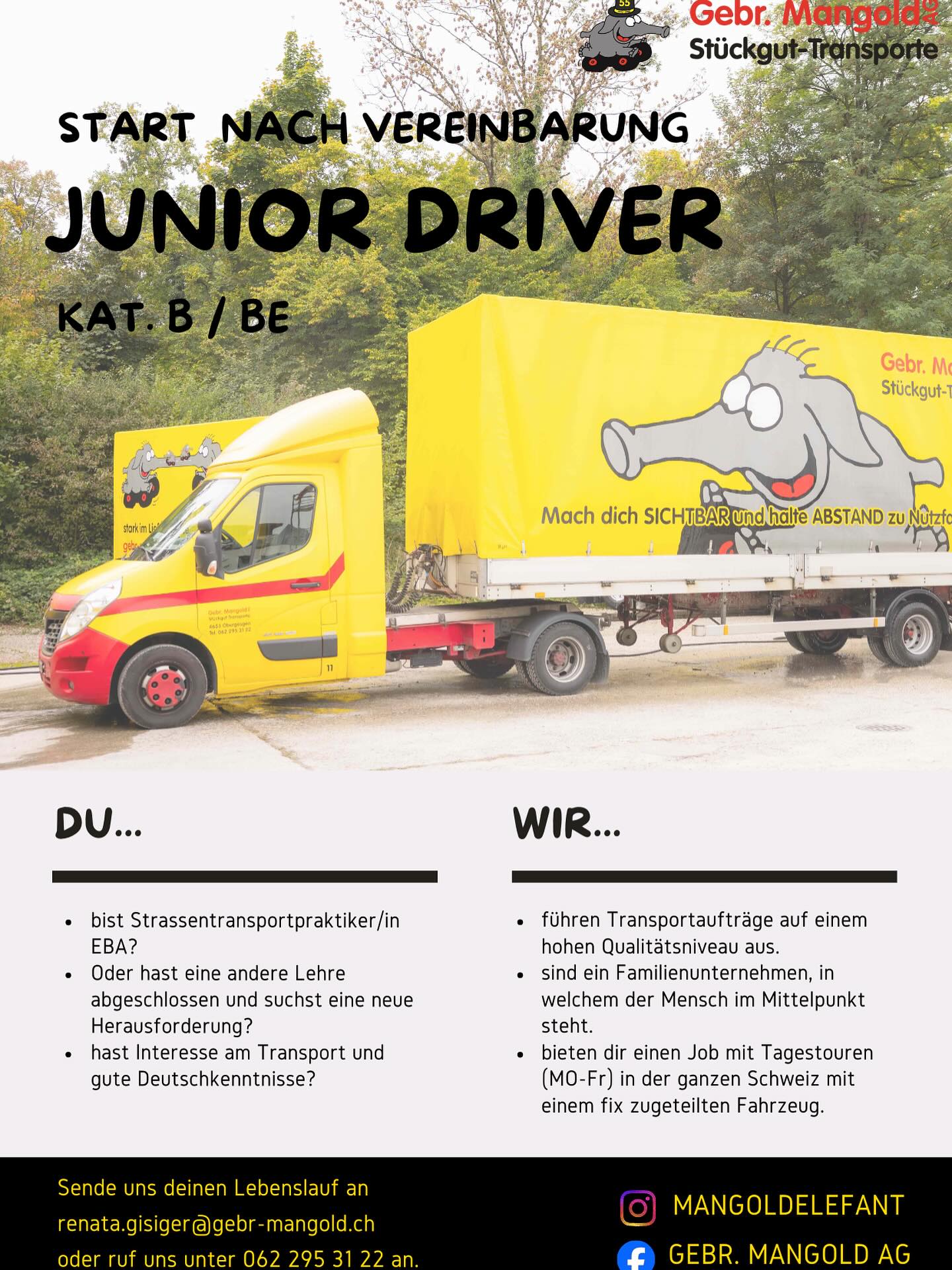 🚚 𝗦𝘁𝗮𝗿𝘁𝗲 𝗮𝗹𝘀 𝗝𝘂𝗻𝗶𝗼𝗿 𝗗𝗿𝗶𝘃𝗲𝗿 (𝗞𝗮𝘁. 𝗕/𝗕𝗘)!

Du willst in die Transportwelt einsteigen oder suchst eine neue Richtung? Dann bist du bei uns richtig!

Das bieten wir dir:
✔️ Einstiegsmöglichkeit im Transport
✔️ Tagestouren (Mo–Fr)
✔️ Fixes Fahrzeug
✔️ Familiäres Team

Das bringst du mit:
✔️ Interesse am Transport
✔️ Abgeschlossene Lehre oder Ausbildung (z. B. EBA)
✔️ Gute Deutschkenntnisse

👉 Start nach Vereinbarung

📩 Bewirb dich jetzt:
renata.gisiger@gebr-mangold.ch
📞 062 295 31 22

#juniordriver #job #transportundlogistik#gebrmangoldag