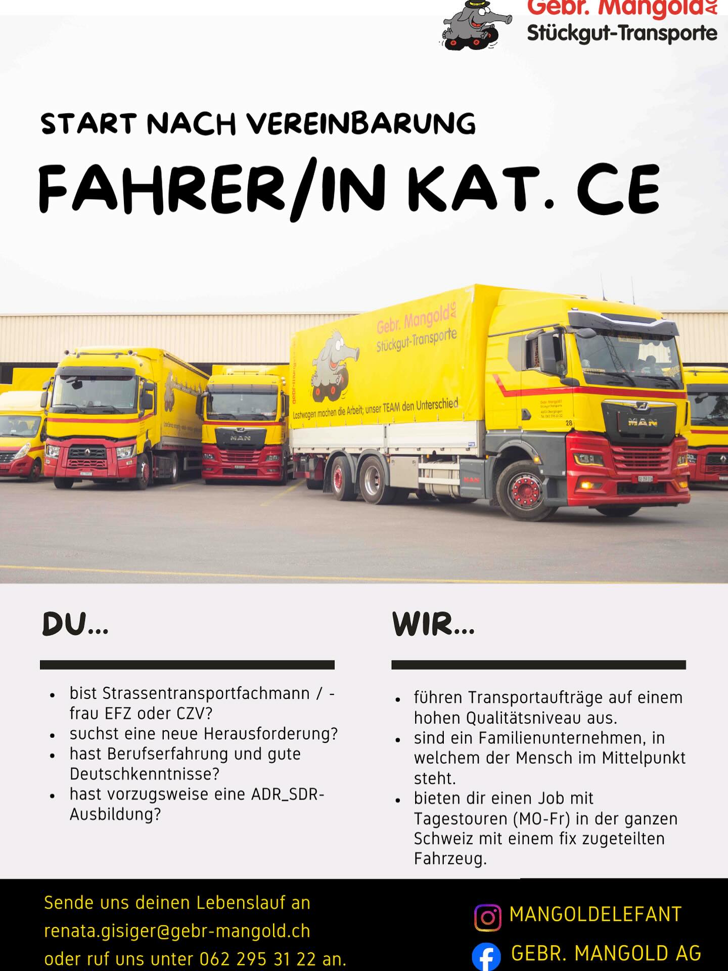 🚚 𝗪𝗶𝗿 𝘀𝘂𝗰𝗵𝗲𝗻 𝗱𝗶𝗰𝗵 𝗮𝗹𝘀 𝗙𝗮𝗵𝗿𝗲𝗿/𝗶𝗻 𝗞𝗮𝘁. 𝗖𝗘!

Du bist gerne unterwegs, packst an und suchst eine neue Herausforderung? Dann komm zu uns!

Das erwartet dich:
✔️ Tagestouren (Mo–Fr)
✔️ Fix zugeteiltes Fahrzeug
✔️ Familienunternehmen mit starkem Teamgeist

Das bringst du mit:
✔️ Erfahrung im Strassentransport
✔️ Gute Deutschkenntnisse
✔️ Von Vorteil: ADR/SDR

👉 Start nach Vereinbarung

📩 Bewirb dich jetzt:
renata.gisiger@gebr-mangold.ch
📞 062 295 31 22

#Job #LKWFahrer #transportundlogistik#gebrmangoldag