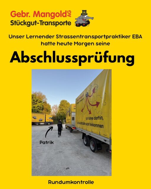 Betriebliche Abschlussprüfung: Check! ✅

Ein wichtiger Schritt auf deinem Weg zum Strassentransportpraktiker EBA ist gemeistert. Wir sind stolz auf Dich, Patrik. 👏 🐘

👉 Die Lernenden von heute sind die Profis von morgen. 🚚

#strassentransport #transportundlogistik #ausbildung #gebrmangoldag