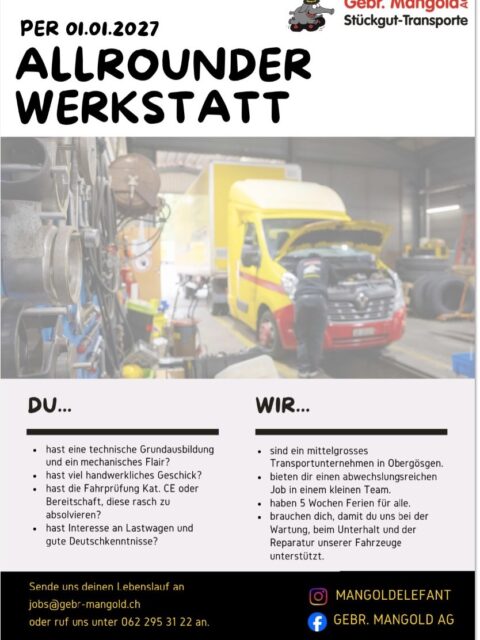 VERSTÄRKUNG IN DER WERKSTATT GESUCHT! 🚚🔧

Hast du eine technische Grundausbildung oder eine abgeschlossene Lehre als Lastwagenmechatroniker EFZ und Lust auf einen abwechslungsreichen Job in einem kleinen Team? Alle Details findest du im Inserat!

Hast du noch Fragen oder möchtest dich gleich bei uns bewerben? 🐘

📩 jobs@gebr-mangold.ch 
☎️ 062 295 31 22

#GebrMangoldAG #Werkstatt #Jobs #Obergösgen #transportundlogistik